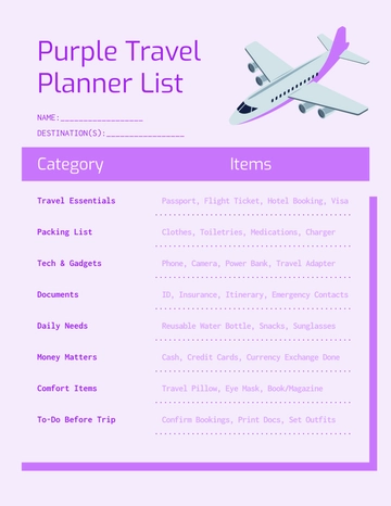 Free Purple Travel Planner List Template to Edit Online