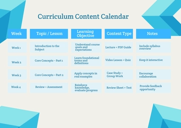 Free Curriculum Content Calendar Template to Edit Online