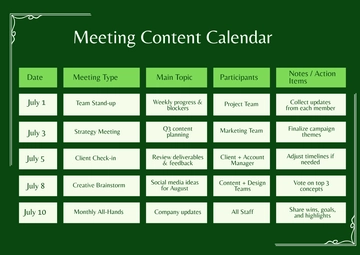 Free Meeting Content Calendar Template to Edit Online