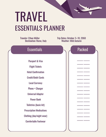 Free Travel Essentials Planner Template to Edit Online