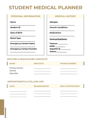 Free Student Medical Planner Template to Edit Online