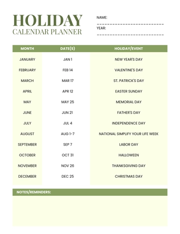 Free Holiday Calendar Planner Template to Edit Online