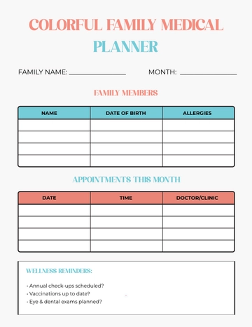 Free Colorful Family Medical Planner Template to Edit Online