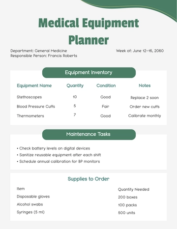 Free Medical Equipment Planner Template to Edit Online