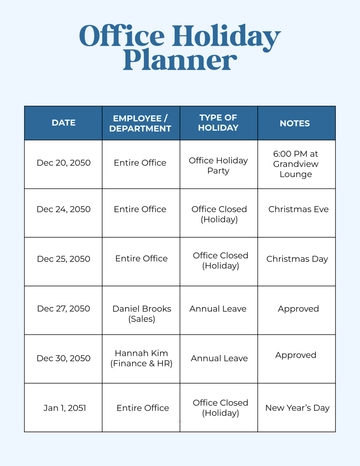 Free Office Holiday Planner Template to Edit Online