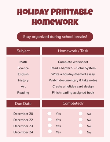 Free Holiday Printable Homework Template to Edit Online