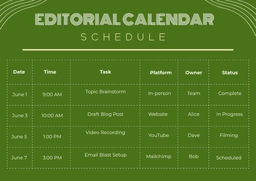 Free Editorial Calendar Schedule Template to Edit Online