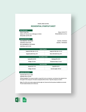 Residential Start Up Sheet Template