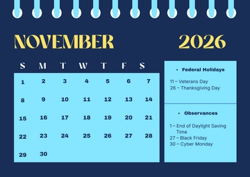 Free November 2026 Calendar with Federal Holidays Template to Edit Online