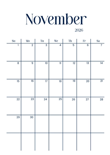 Free Modern November 2026 Calendar Template to Edit Online