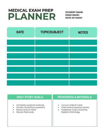 Free Green and White Medical Exam Prep Planner Template to Edit Online