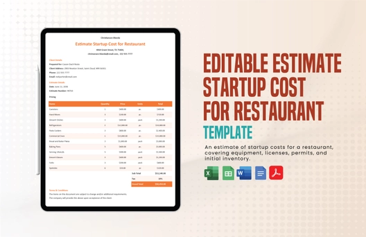 Editable Estimate Startup Cost for Restaurant Template