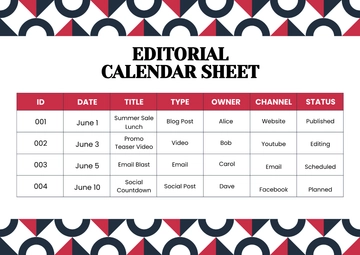 Free Editorial Calendar Sheet Template to Edit Online