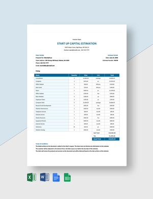 Start Up Capital Estimation Template
