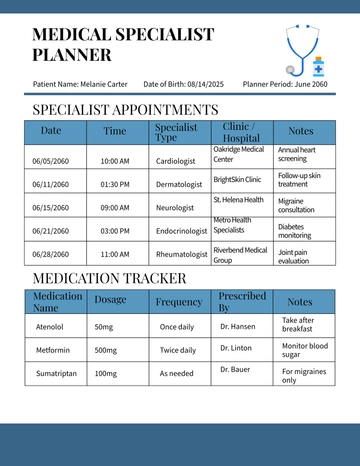 Free Medical Specialist Planner Template to Edit Online