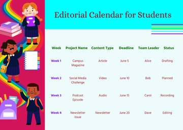 Free Colorful Editorial Calendar for Students Template to Edit Online
