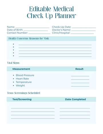 Free Editable Medical Check Up Planner Template to Edit Online