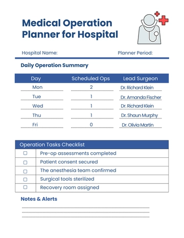 Free Medical Operation Planner for Hospital Template to Edit Online