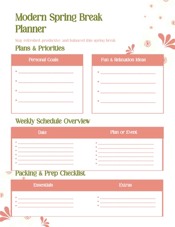 Free Modern Spring Break Planner Template to Edit Online
