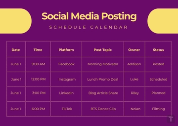 Free Social Media Posting Schedule Calendar Template to Edit Online