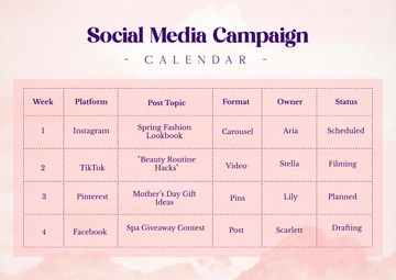 Free Pink Social Media Campaign Calendar Template to Edit Online