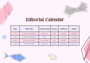 Free Creative Content Editorial Calendar Template to Edit Online