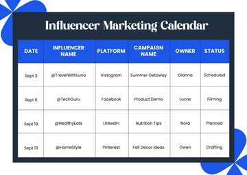 Free Influencer Marketing Calendar Template to Edit Online