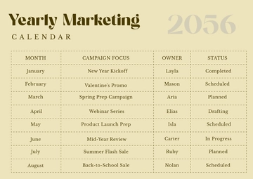 Free Simple Yearly Marketing Calendar Template to Edit Online