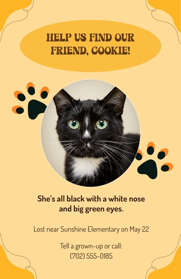 Free Yellow Lost Cat Poster for Kids Template to Edit Online