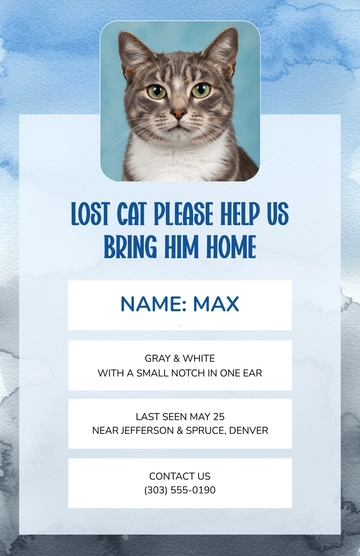 Free Watercolor Male Lost Cat Poster Template to Edit Online