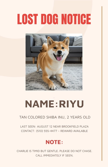 Free Dog Lost Professional Poster with Note Template to Edit Online