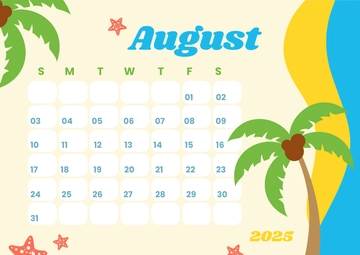 Free Summer Calendar for August Template to Edit Online