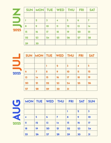 Free Three-Month Summer Calendar Template to Edit Online