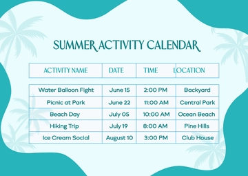 Free Summer Activity Calendar Template to Edit Online