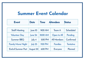 Free White Summer Event Calendar Template to Edit Online