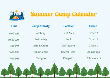 Free Modern Summer Camp Calendar Template to Edit Online