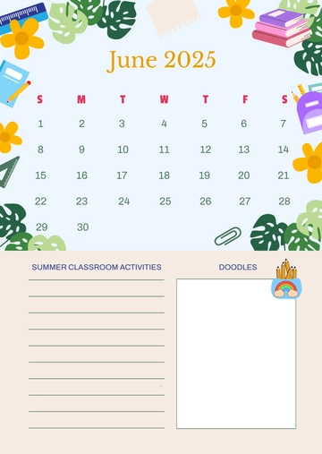 Free Summer Classroom Calendar Template to Edit Online