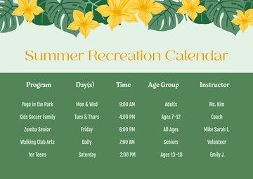 Free Summer Recreation Calendar Template to Edit Online