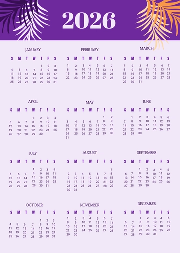 Free Purple Yearly Summer Calendar Template to Edit Online