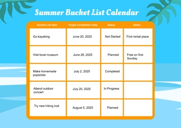 Free Summer Bucket List Calendar Template to Edit Online