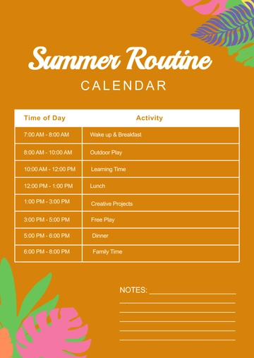 Free Summer Routine Calendar Template to Edit Online