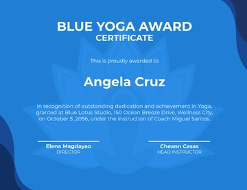 Free Blue Yoga Award Certificate Template to Edit Online