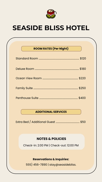 Free Hotel Price List Template to Edit Online