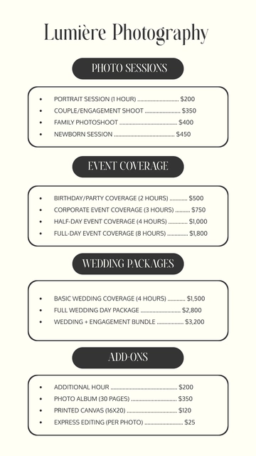 Free Photography Price List Template to Edit Online