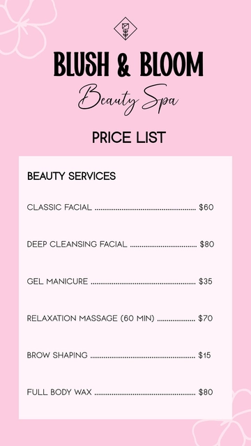 Free Pink Beauty Spa Price List Template