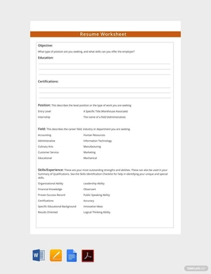 Resume Worksheet Template