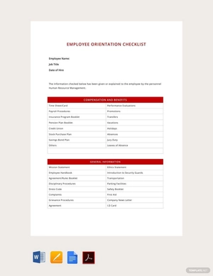HR Employee Orientation Checklist Template