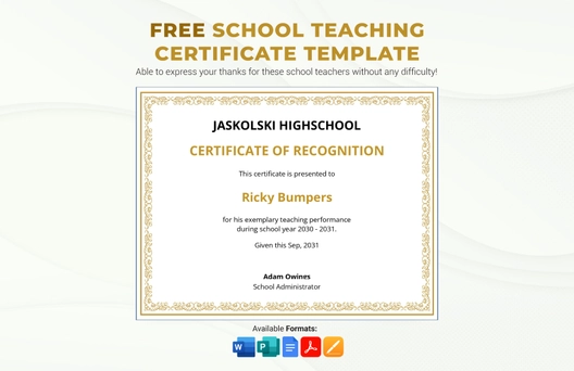 School Teaching Certificate Sample Template