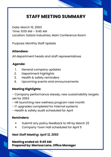 Printable Staff Meeting Template to Download