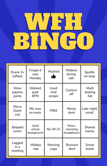 Free Colorful Work From Home Bingo Poster Template to Edit Online